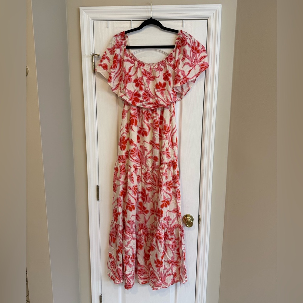Pink Lily Red Floral Ruffle Off-Shoulder Maxi Dress
